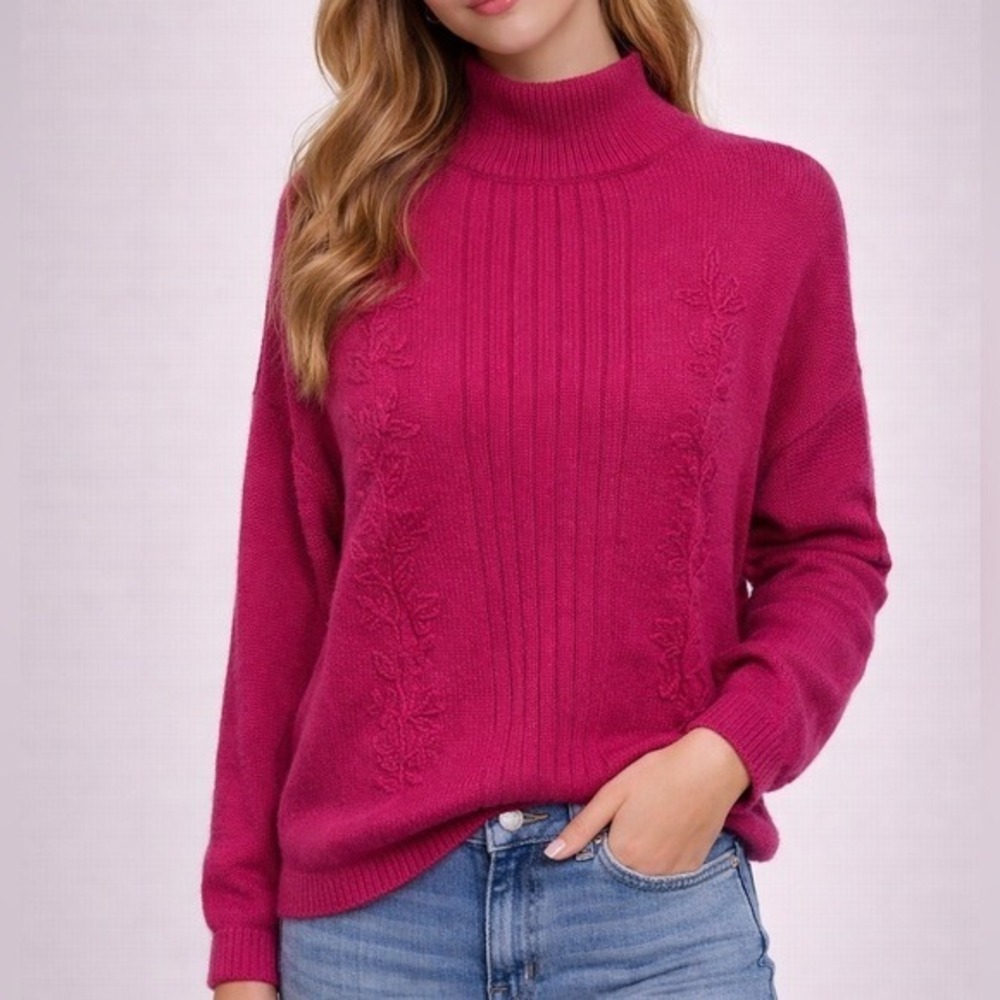 Honors Vintage Magenta Pink Mock Neck Floral Embroidered Ramie Cotton Sweater L